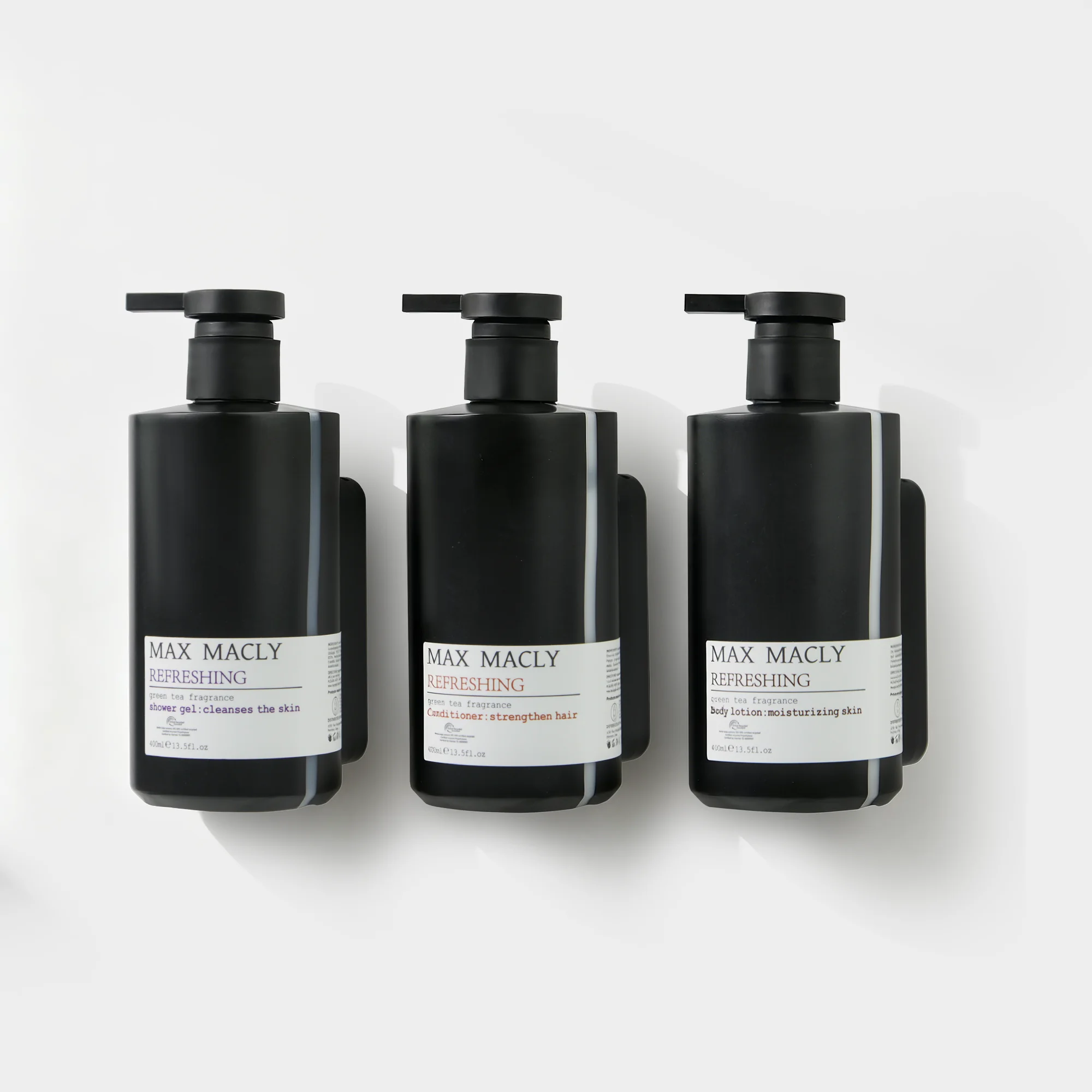 Ensemble de shampoing, après-shampoing et gel douche jetables écologiques pour salle de bain d'hôtel, 400 ml, bouteilles rechargeables avec support mural verrouillable