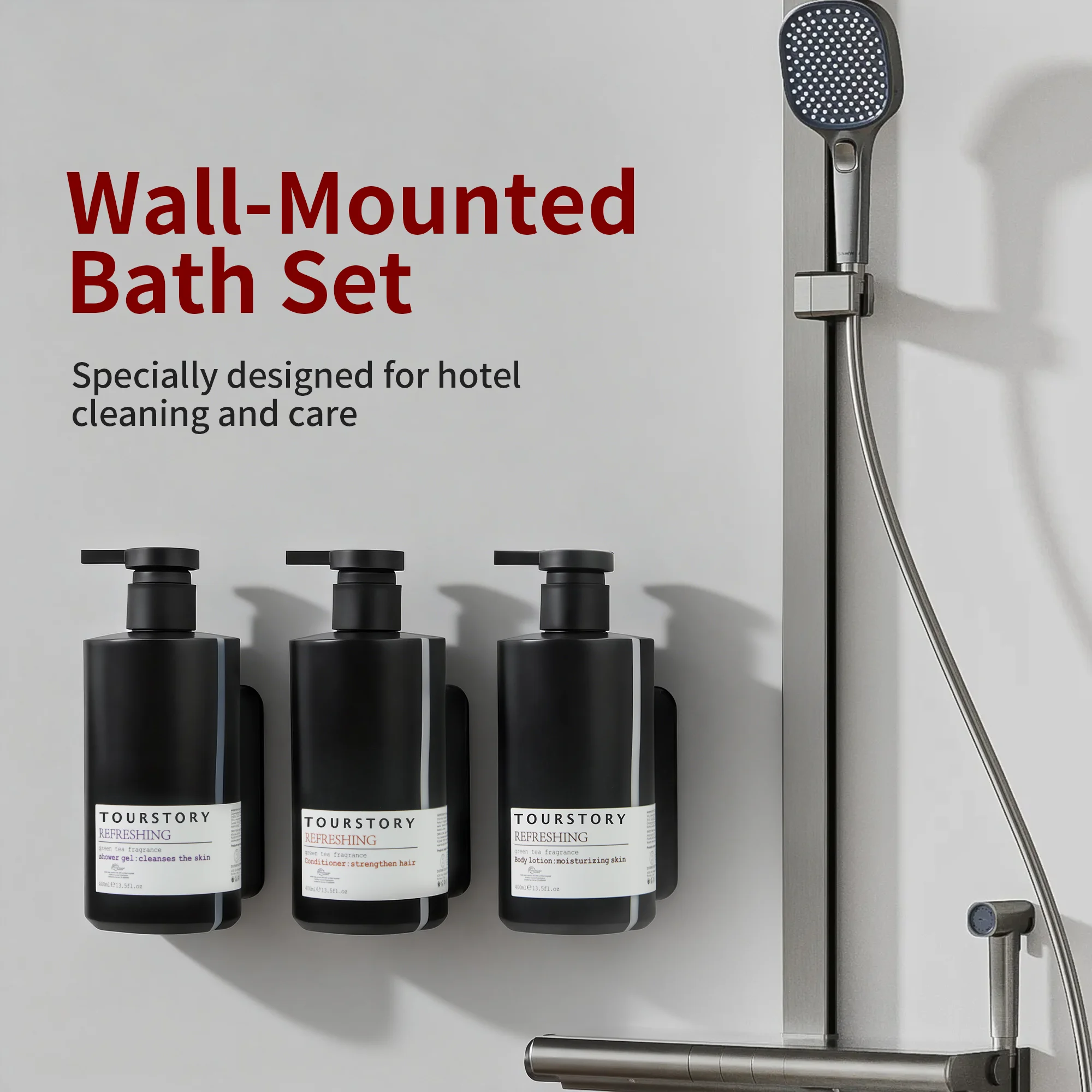 Ensemble de shampoing, après-shampoing et gel douche jetables écologiques pour salle de bain d'hôtel, 400 ml, bouteilles rechargeables avec support mural verrouillable