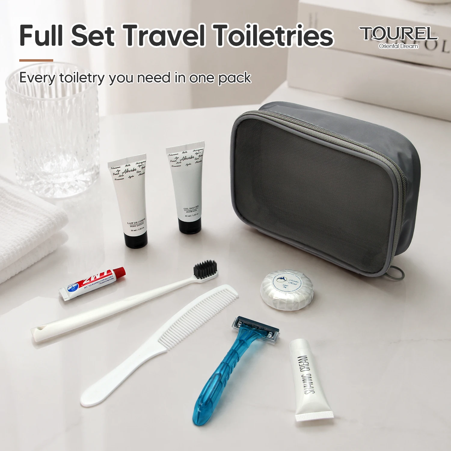 Grey Mesh Travel Toiletries Kit 8 Piece Amenity Bag Portable Zipper Cosmetic Storage Pouch For Hotel And Daily Use