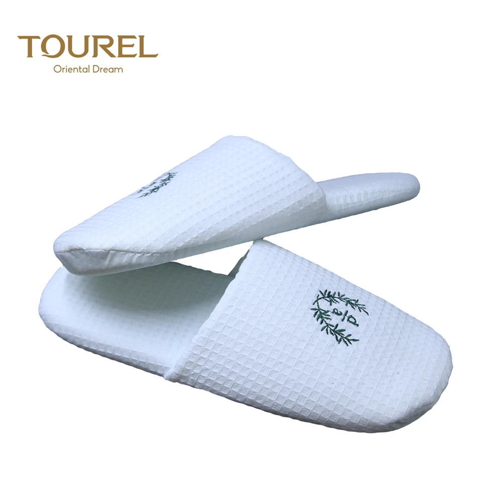 Tourel Closed Toed Premium Quality Hotel Indoor Waffle Sponge Slippers With Embroidered Logo