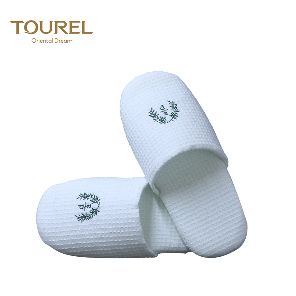 Tourel Closed Toed Premium Quality Hotel Indoor Waffle Sponge Slippers With Embroidered Logo