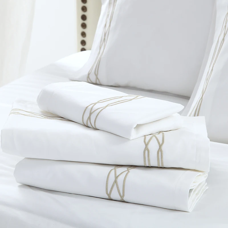 Hot Sale Luxury White Striped Hotel Bed Sheet Roll Five Star 300-1000tc King Sheets Set Woven Technics Solid Pattern Plain 4pcs